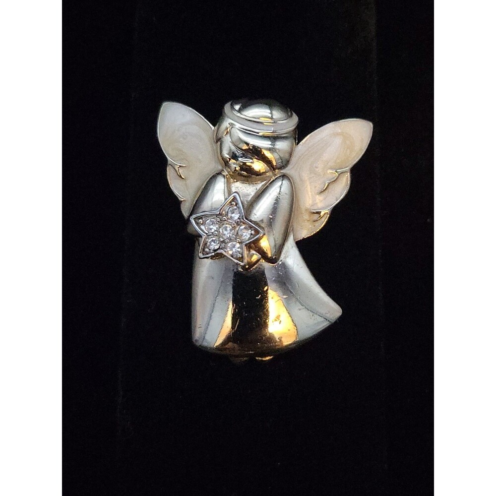 Vintage White Enamel And Rhinestone Angel Pin Brooch Sweet Holiday Goldtone 1.5"